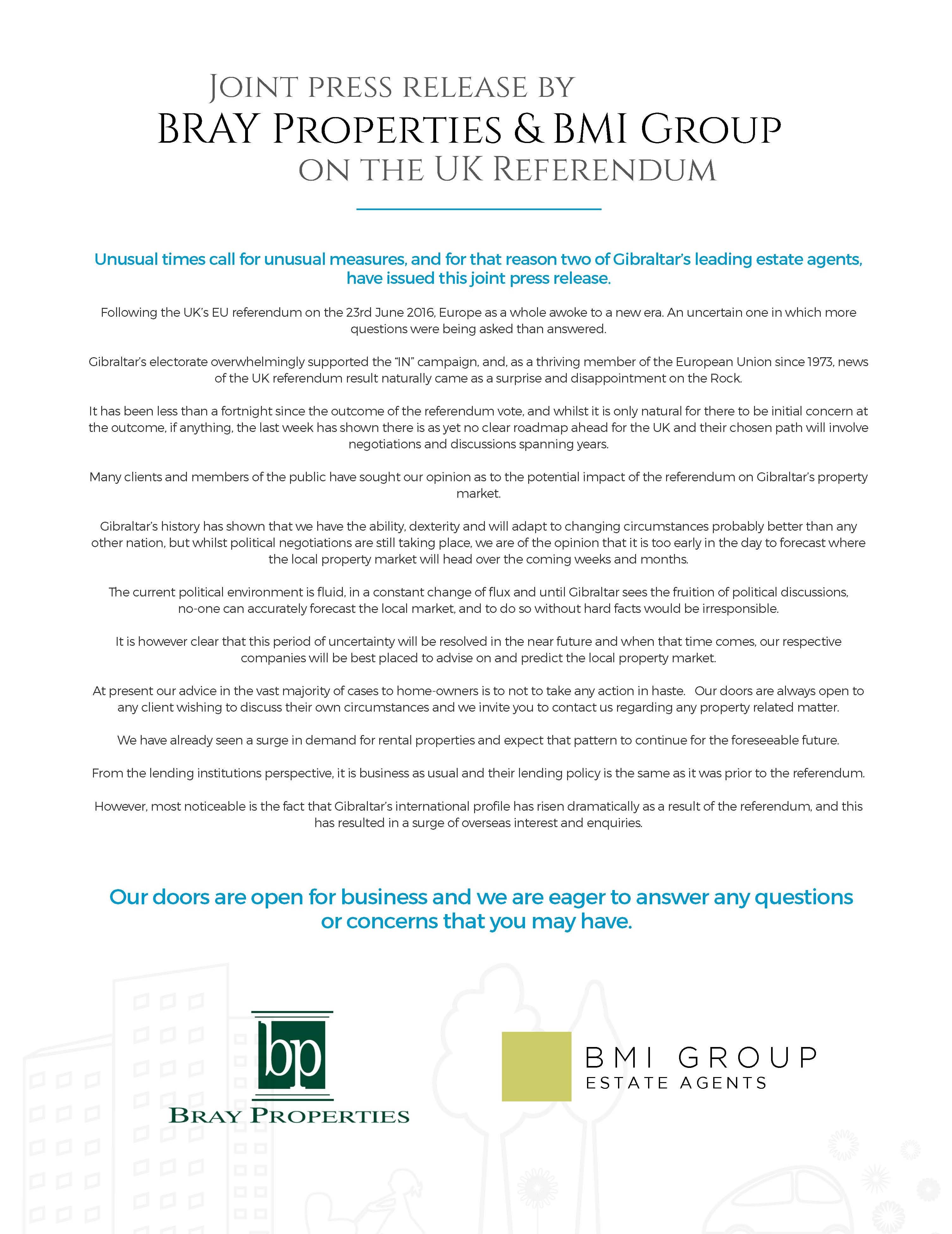 Image of Our joint press release with the BMI Group on the result of the UK Referendum